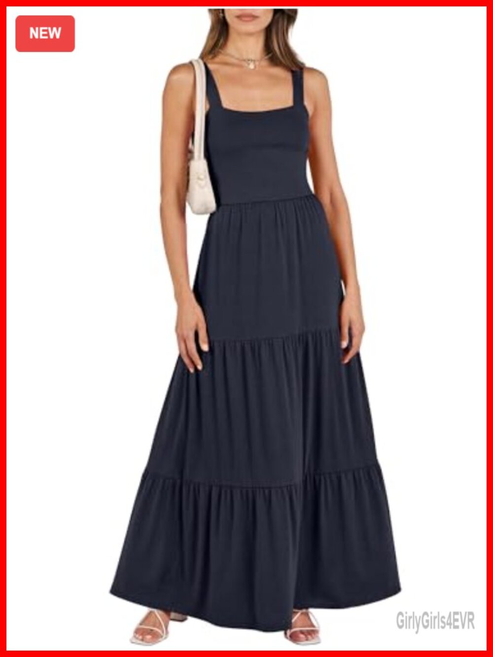 Flowy Maxi Dress Square Neck Sundress with Pockets Tiered Casual